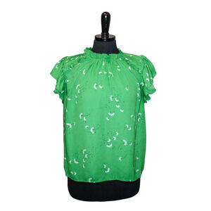 CeCe Short Sleeve Blouse Green Floral Ruffles Size M